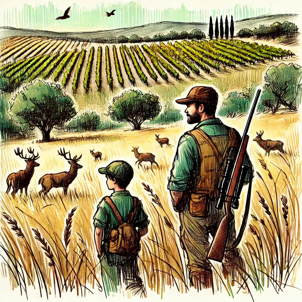 Dall e 2024 10 31 17 33 06 a drawing style illustration of a scenic meadow landscape with bold strong strokes the image features a vineyard in the background wildlife such as